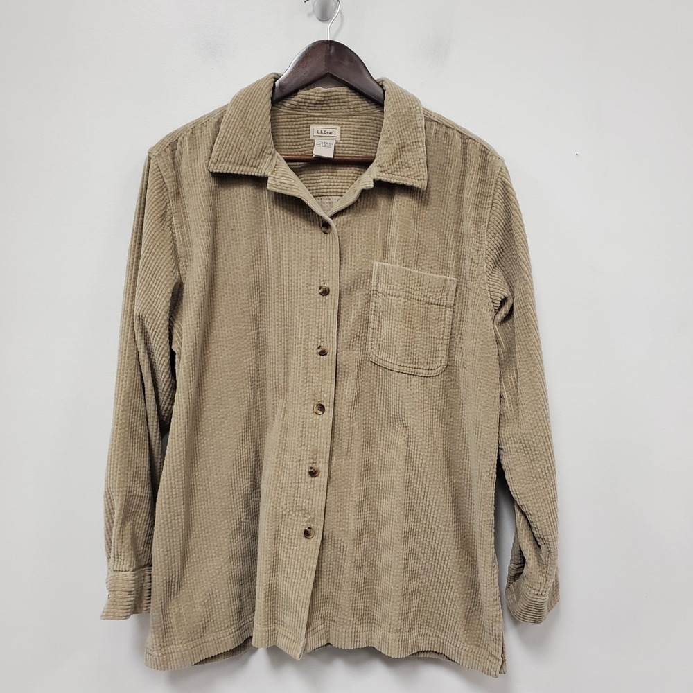 LL Bean Womens Button Up Corduroy Wide Wale Shirt Size L Light Brown Pocket